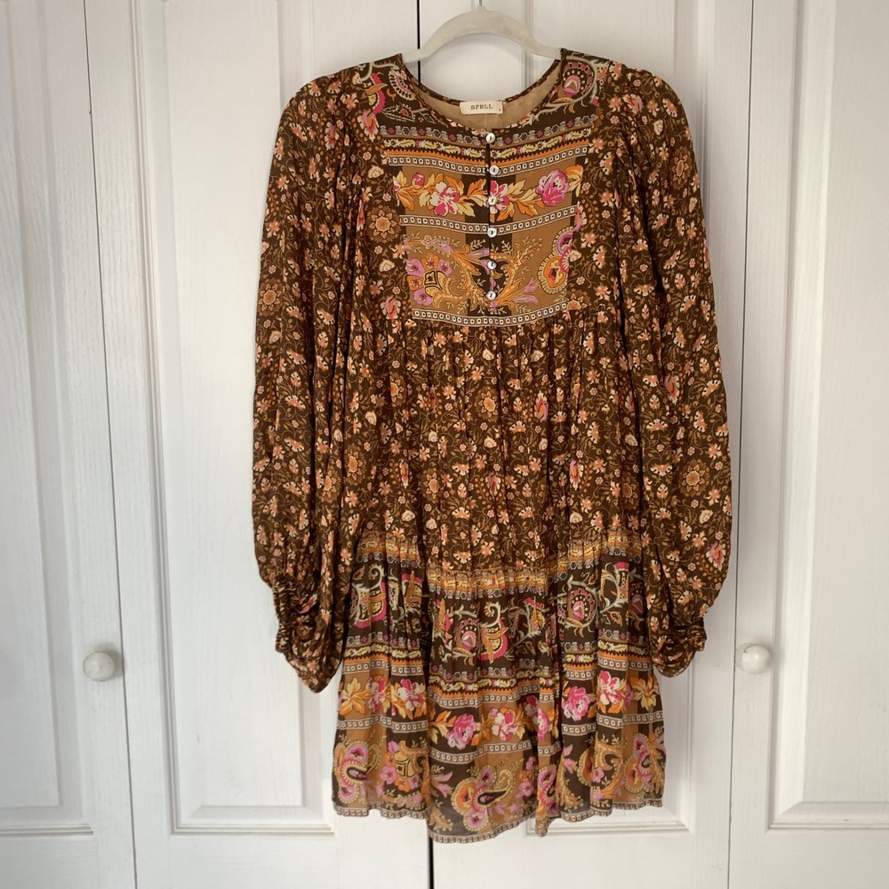 Spell & The Gypsy Collective Brown Floral Paisley Mini Dress Small Boho Smock